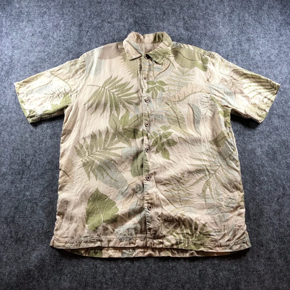 Tommy Bahama Silk Blend Camp Shirt Men's M Tan Tropical Leaf Print‎ Button Up